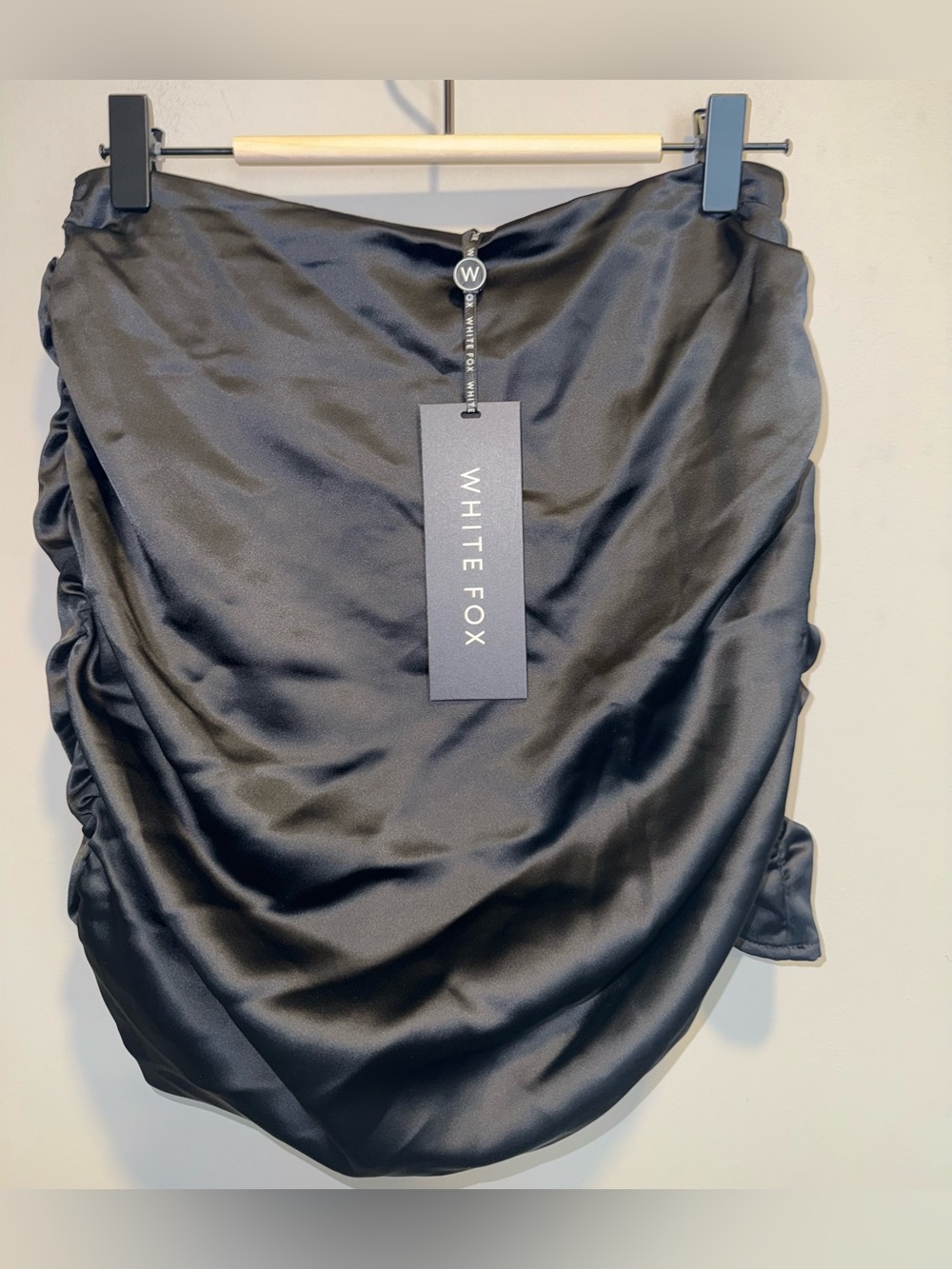 White Fox Boutique Black Satin Ruched Mini Skirt
